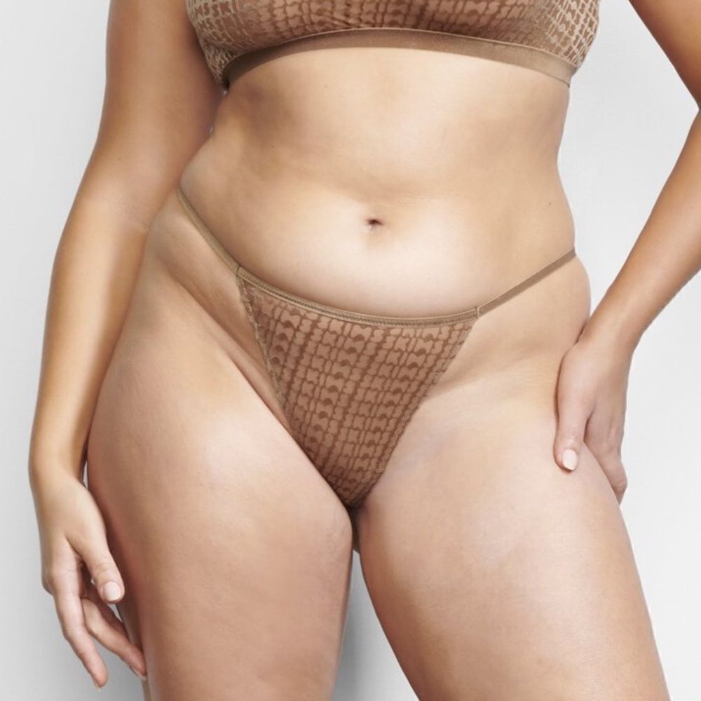 NWT SKIMS Velvet T-String Skims Logo Sexy Sheer Thong In Chai Nude Panty
